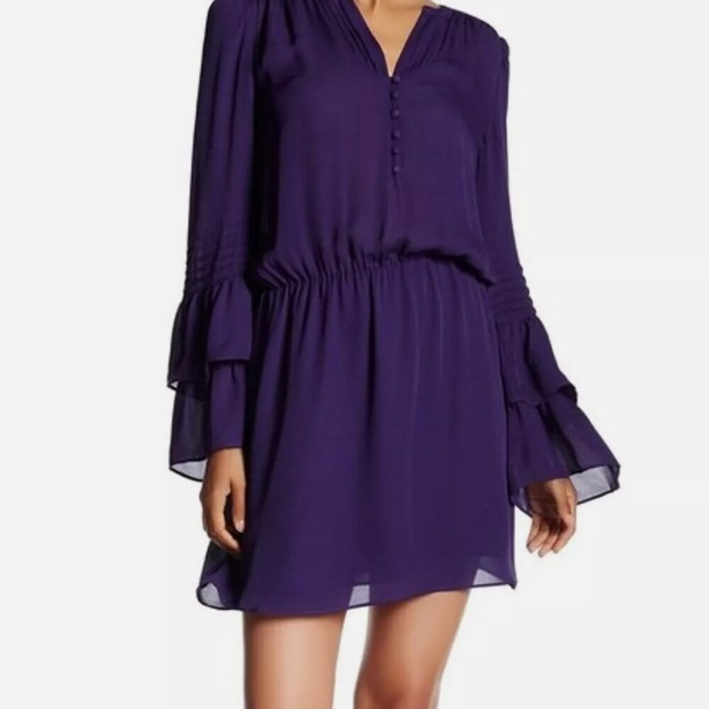 PARKER 100% Silk Navy Blue V Neck Ruffle Detail Mini Dress Short Cute XS